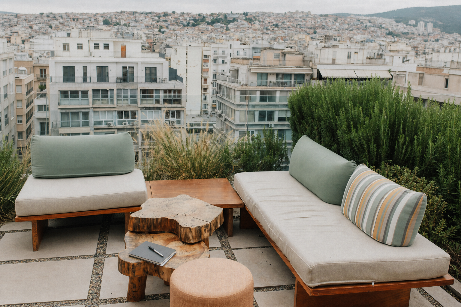 Terraza de coworking con vistas a Barcelona